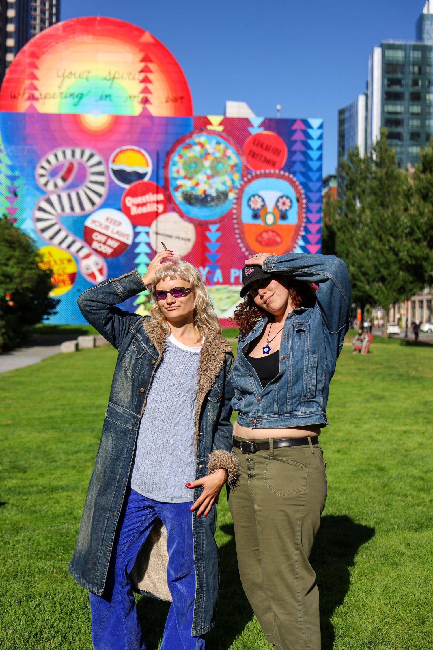 Dynamic photo series showing joyful moments in front of vibrant street art on summer day.