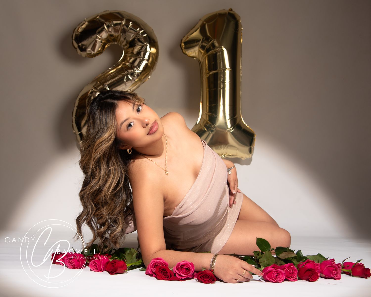 21st birthday studio portrait with balloons and elegant styling by Candy Bagwell Photography, serving Fletcher, Asheville, and Western NC.