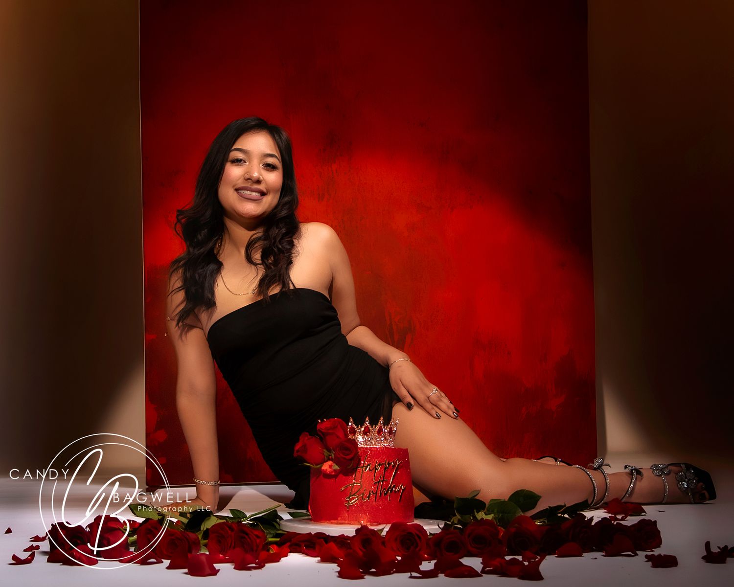 Luxury glam studio portrait with bold red styling and editorial posing by Candy Bagwell Photography, serving Fletcher and Western NC.