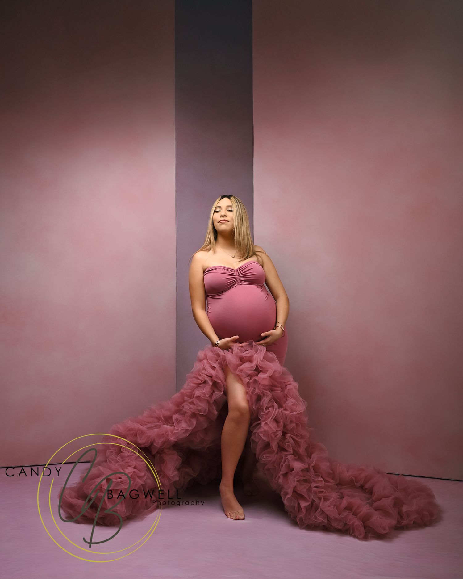 Luxury maternity portrait featuring an expecting mother in a dramatic pink gown and elegant styling by Candy Bagwell Photography in Fletcher