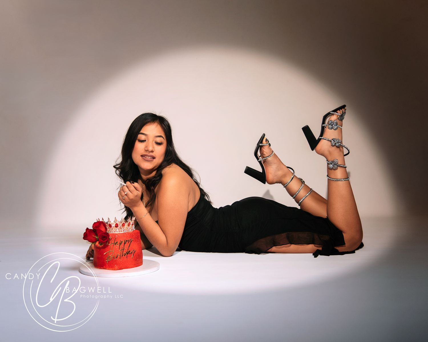 Luxury spotlight glam portrait with bold editorial styling by Candy Bagwell Photography, serving Fletcher, Asheville, and Western NC.