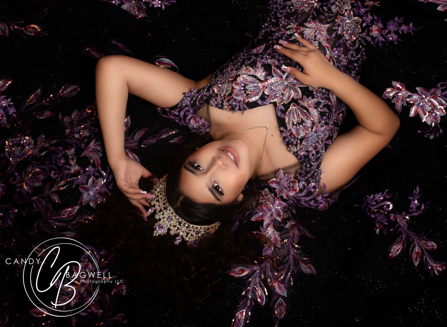 Luxury glam portrait with dramatic floral styling and editorial posing by Candy Bagwell Photography, serving Fletcher, Asheville, and Wester