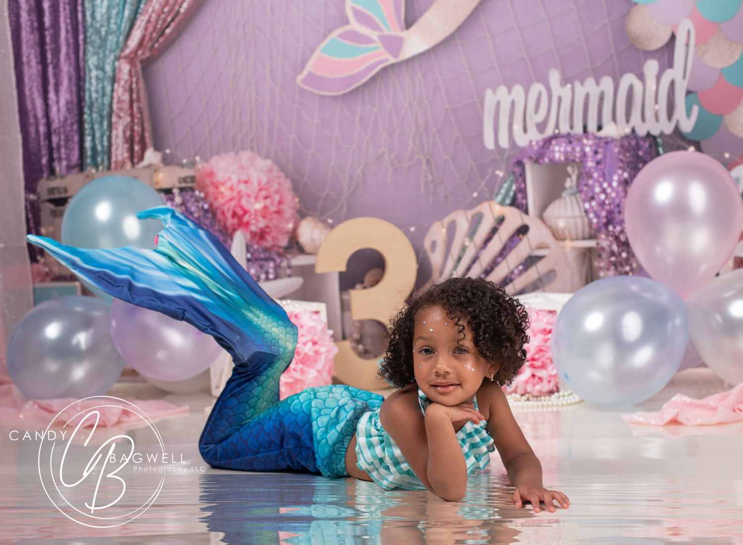 Mermaid birthday portrait with colorful under-the-sea styling by Candy Bagwell Photography, serving Fletcher, Asheville, and Western NC.