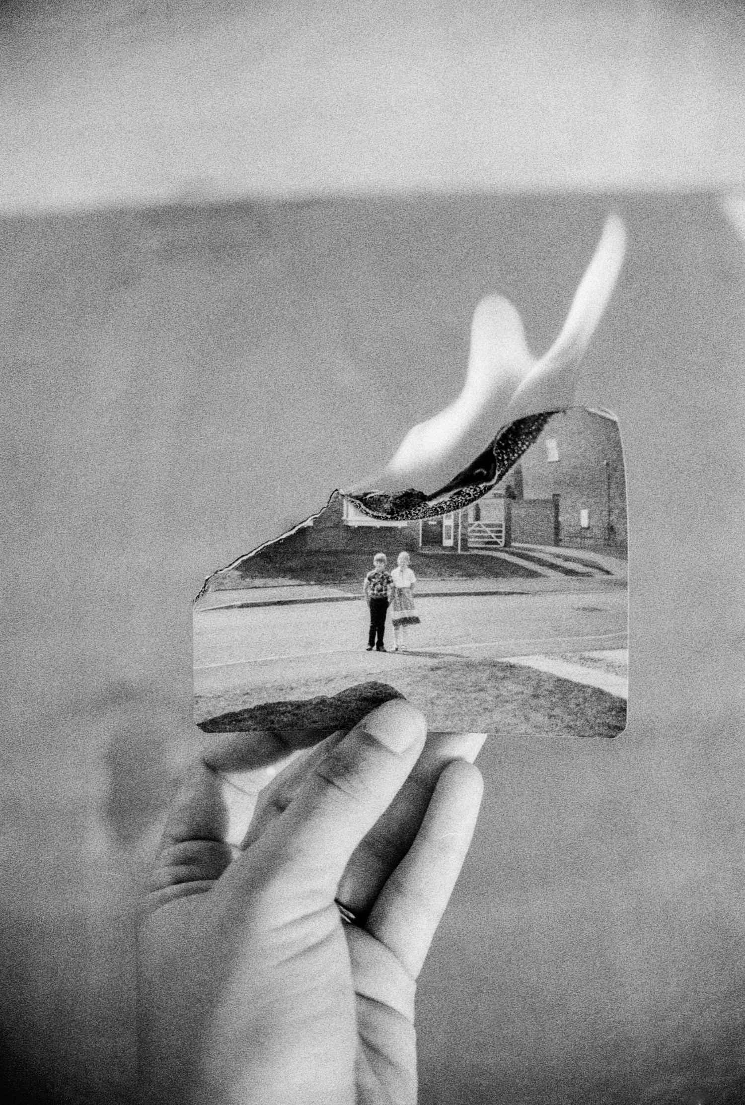 A series of black and white photographs showing hands holding torn landscape images against a blurred background.