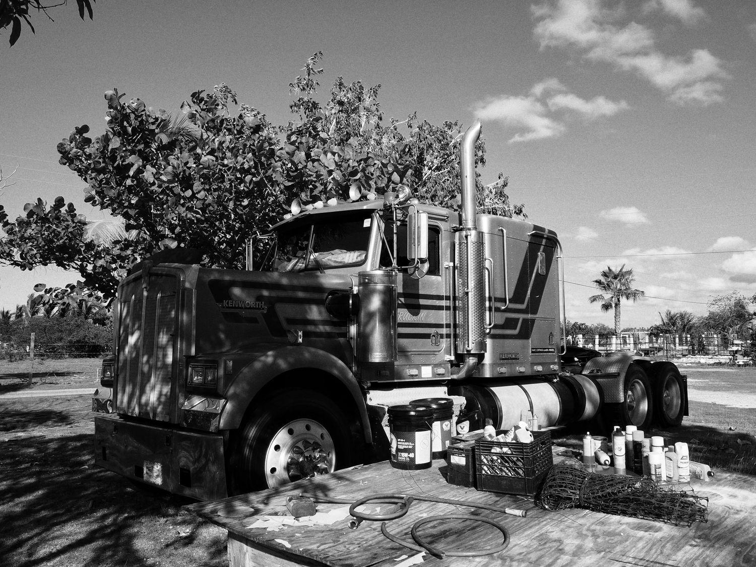 Black and white photo montage showing vintage trucks and industrial scenes from a historical logging operation.