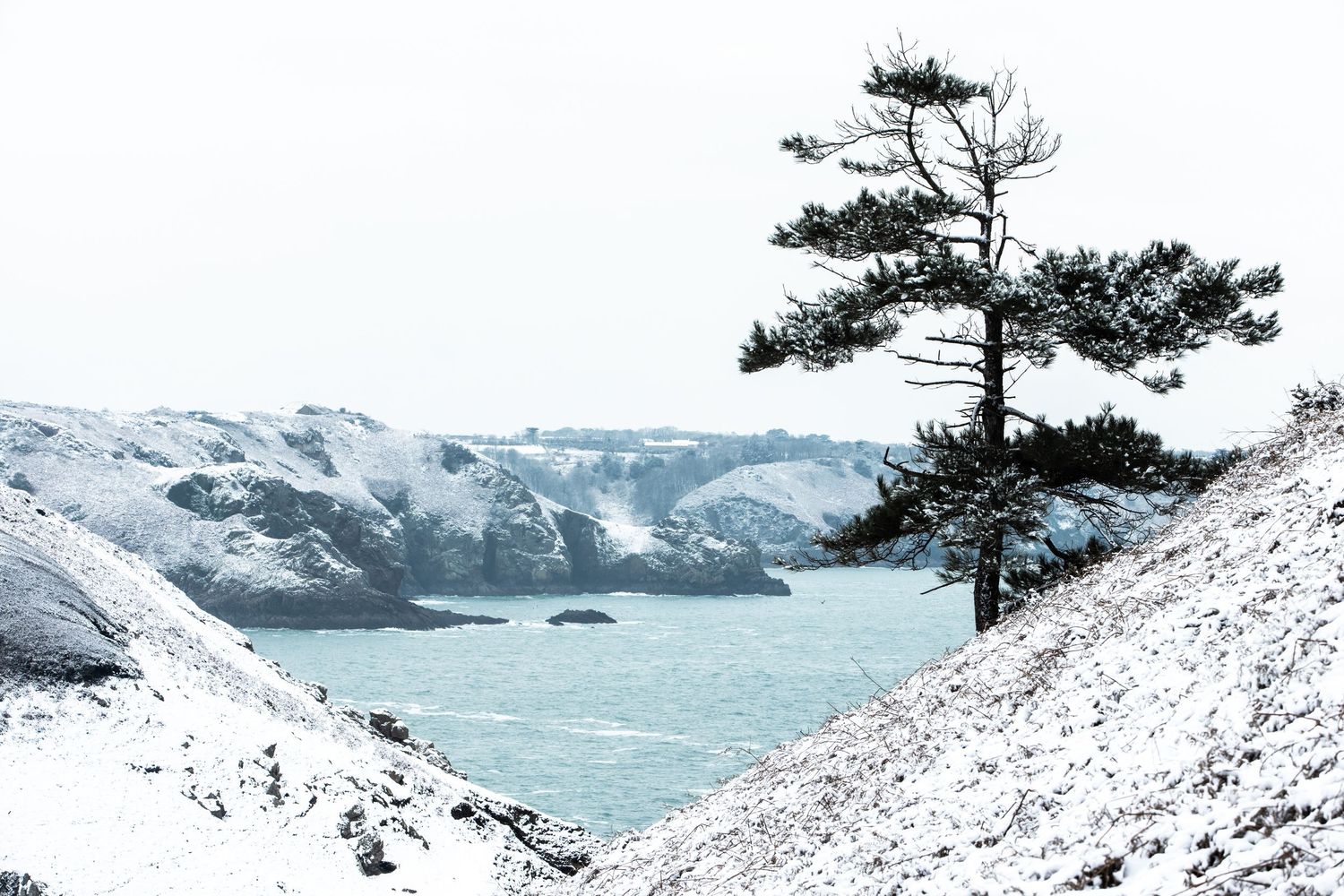 Snow-covered coastal cliffs overlooking a stormy winter sea with dramatic waves.