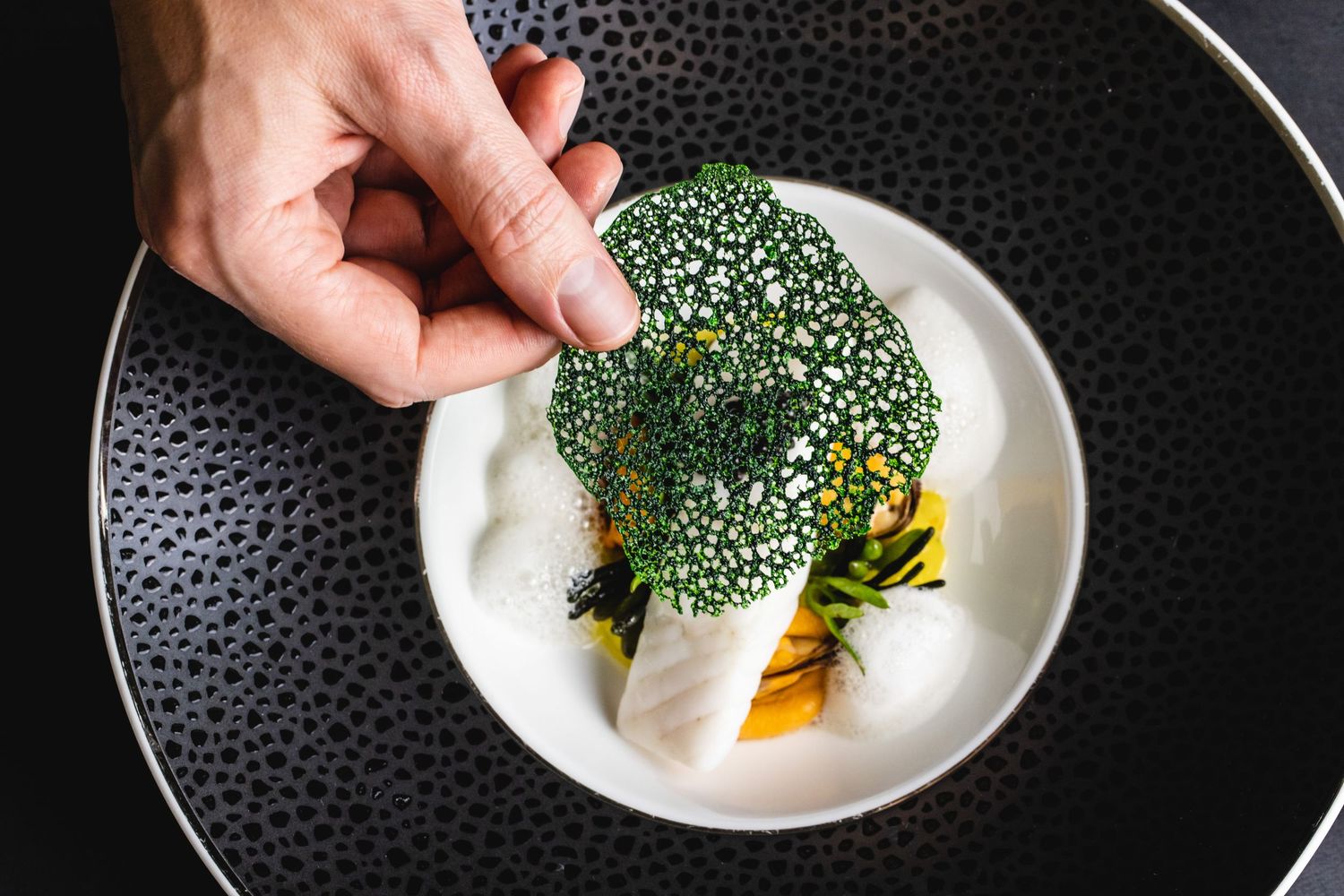 Hand placing delicate green garnish on white foam plated dish.