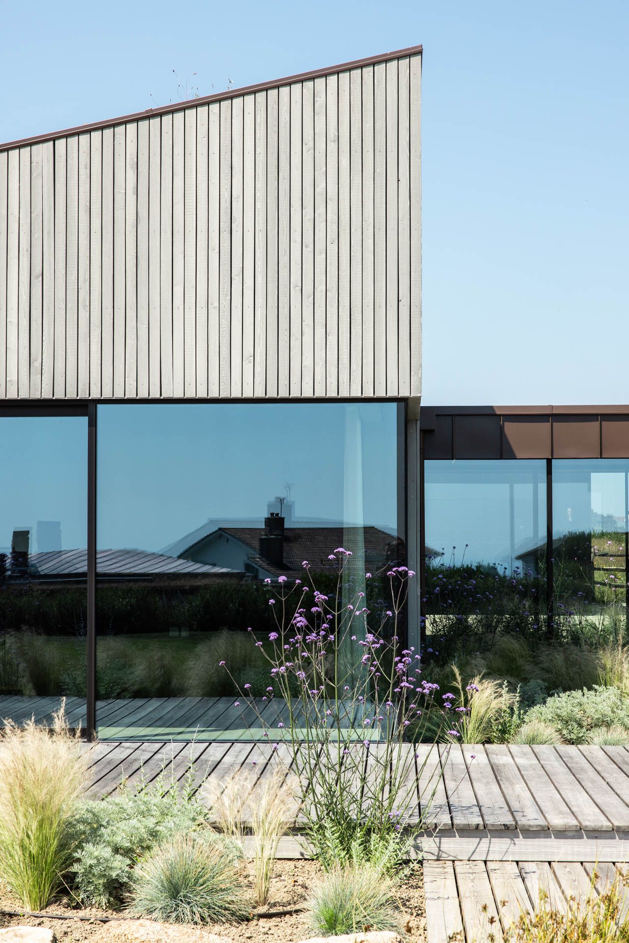 Modern architectural design featuring vertical metal siding and large glass windows with desert landscaping.