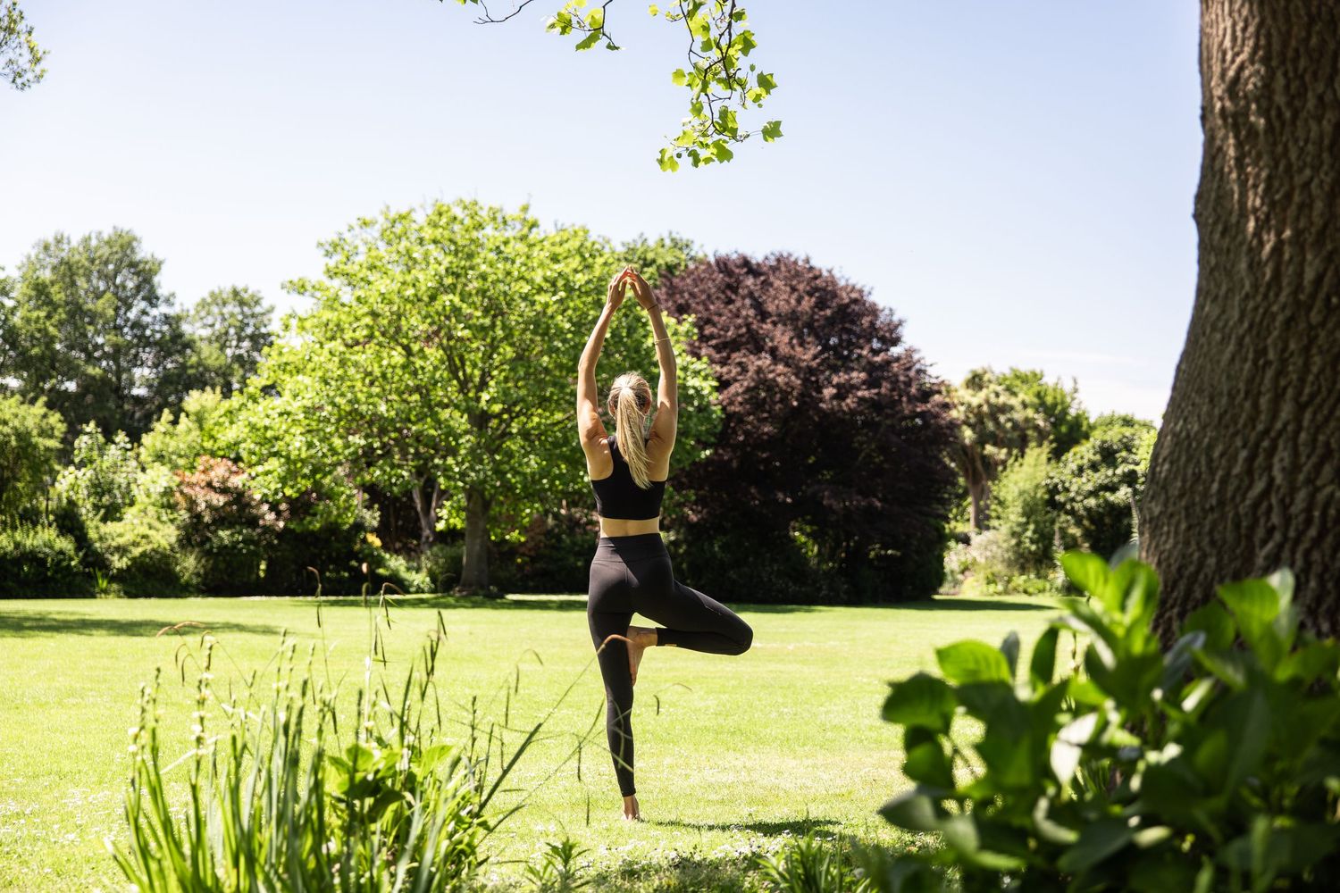 Woman practicing yoga tree pose in peaceful garden setting on summer day.