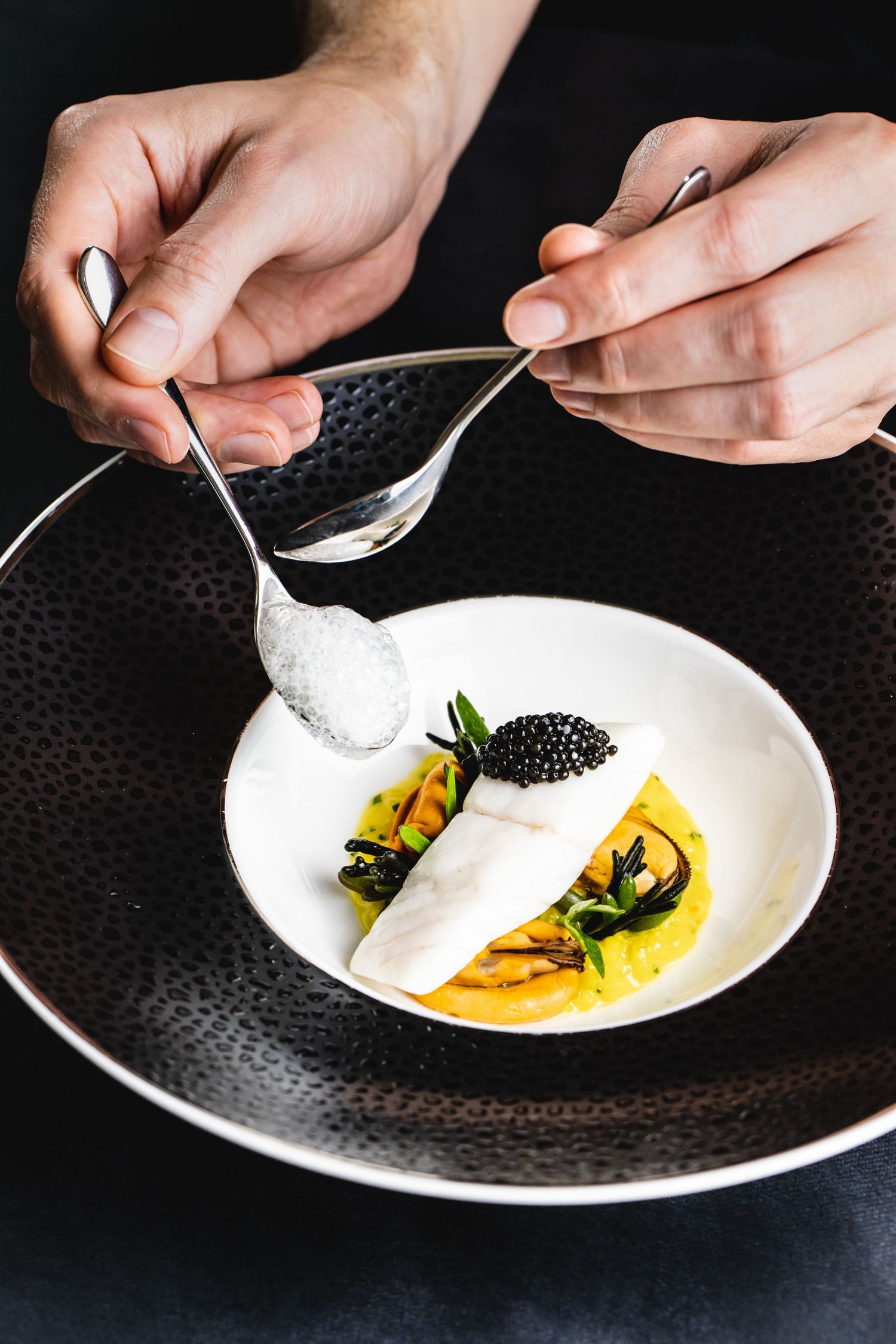 Chef adding foam to a modern plated dish with yellow sauce and black garnish.