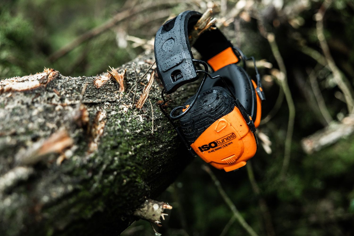 Close-up of orange and black chainsaw cutting through tree branches in an outdoor setting.