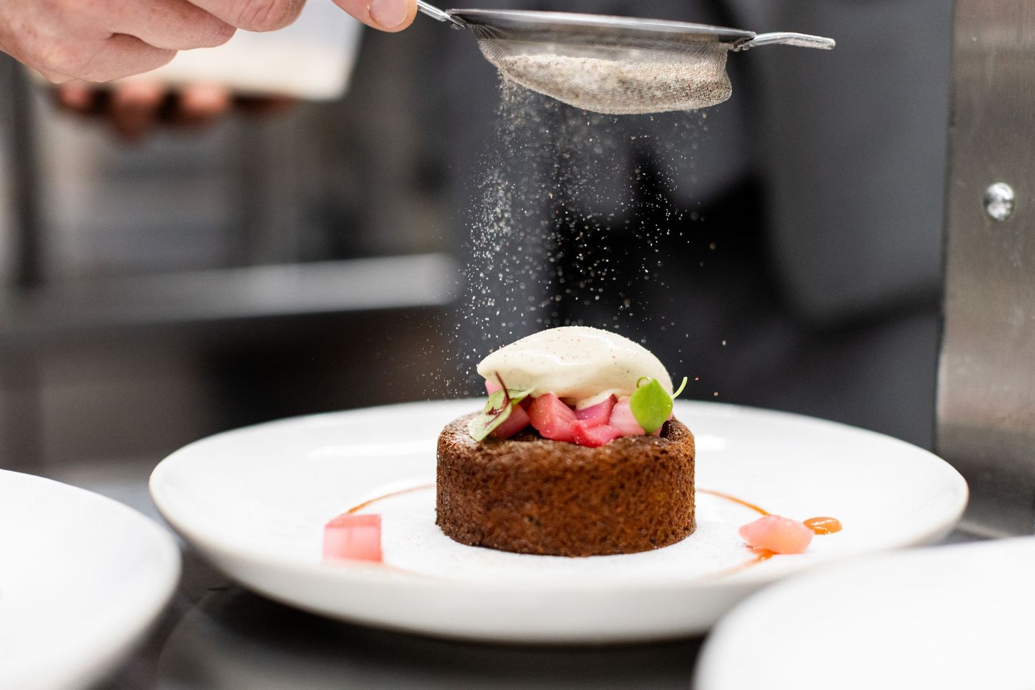 Chef plating an elegant dish with precise attention to detail in an upscale restaurant kitchen.