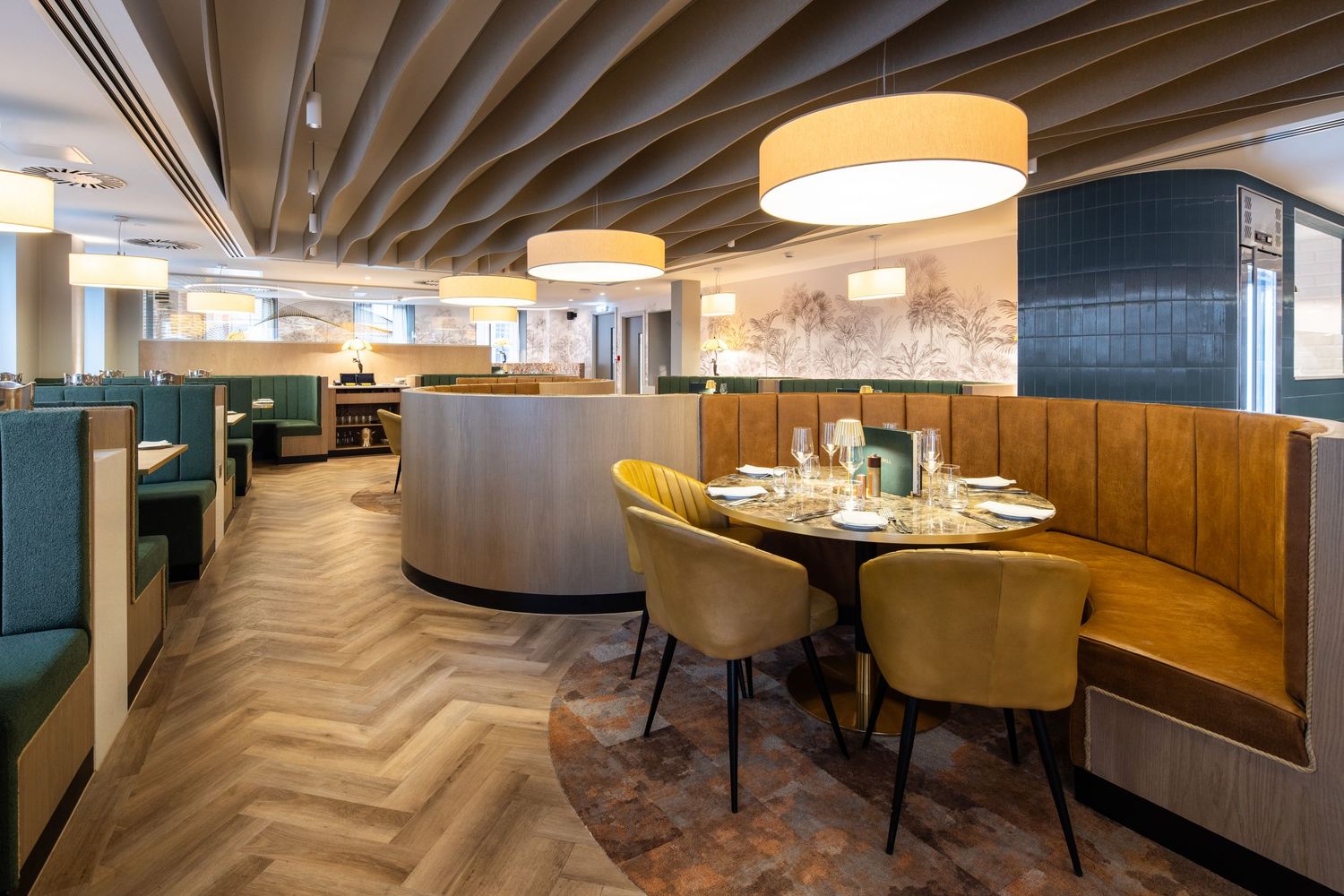 Contemporary dining space with curved wooden ceiling beams and pendant lighting creates warm ambiance.