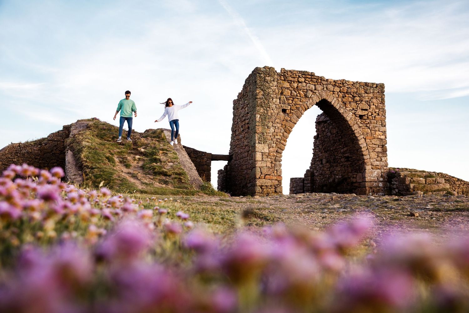 Two people walk along a scenic mountain trail near ancient stone ruins with purple wildflowers in the foreground.