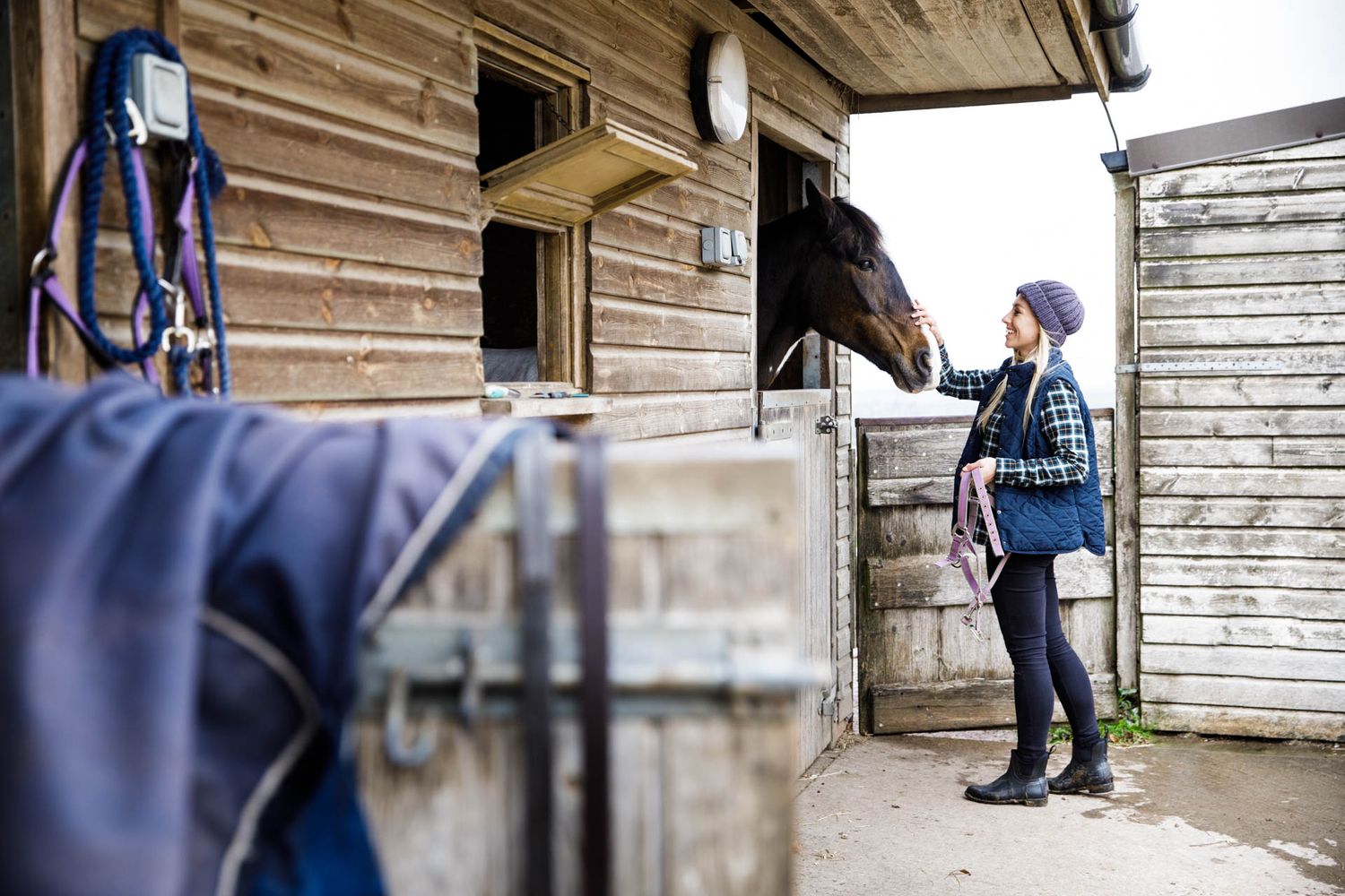 Person visiting horse in wooden stable with riding equipment visible.