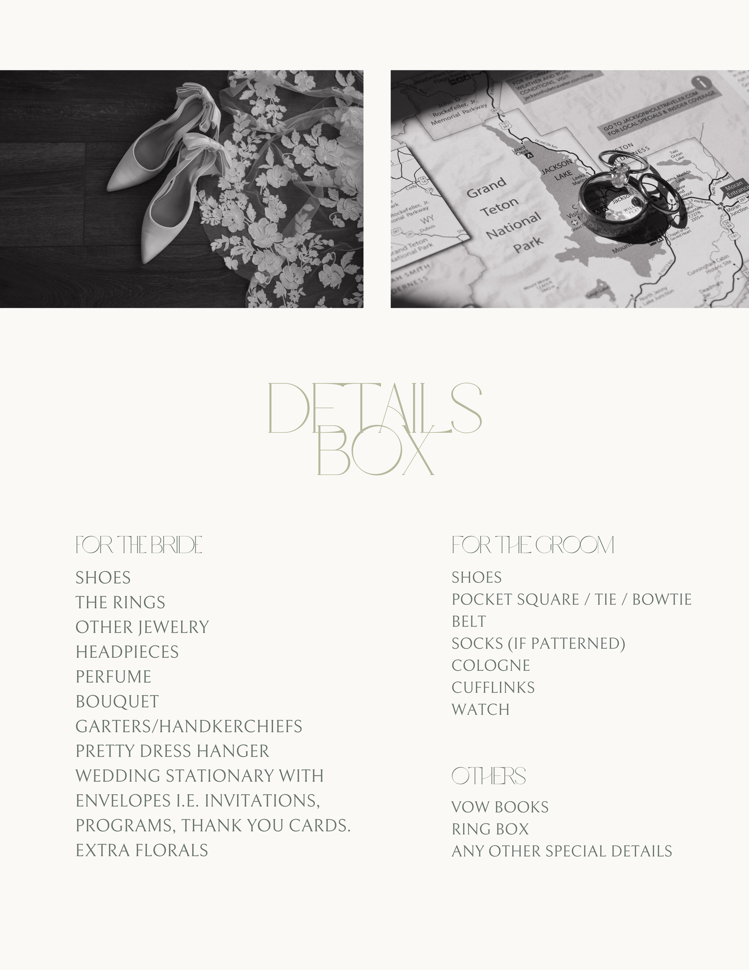 Wedding details box checklist showing black and white photos of bridal shoes and accessories with itemized lists.