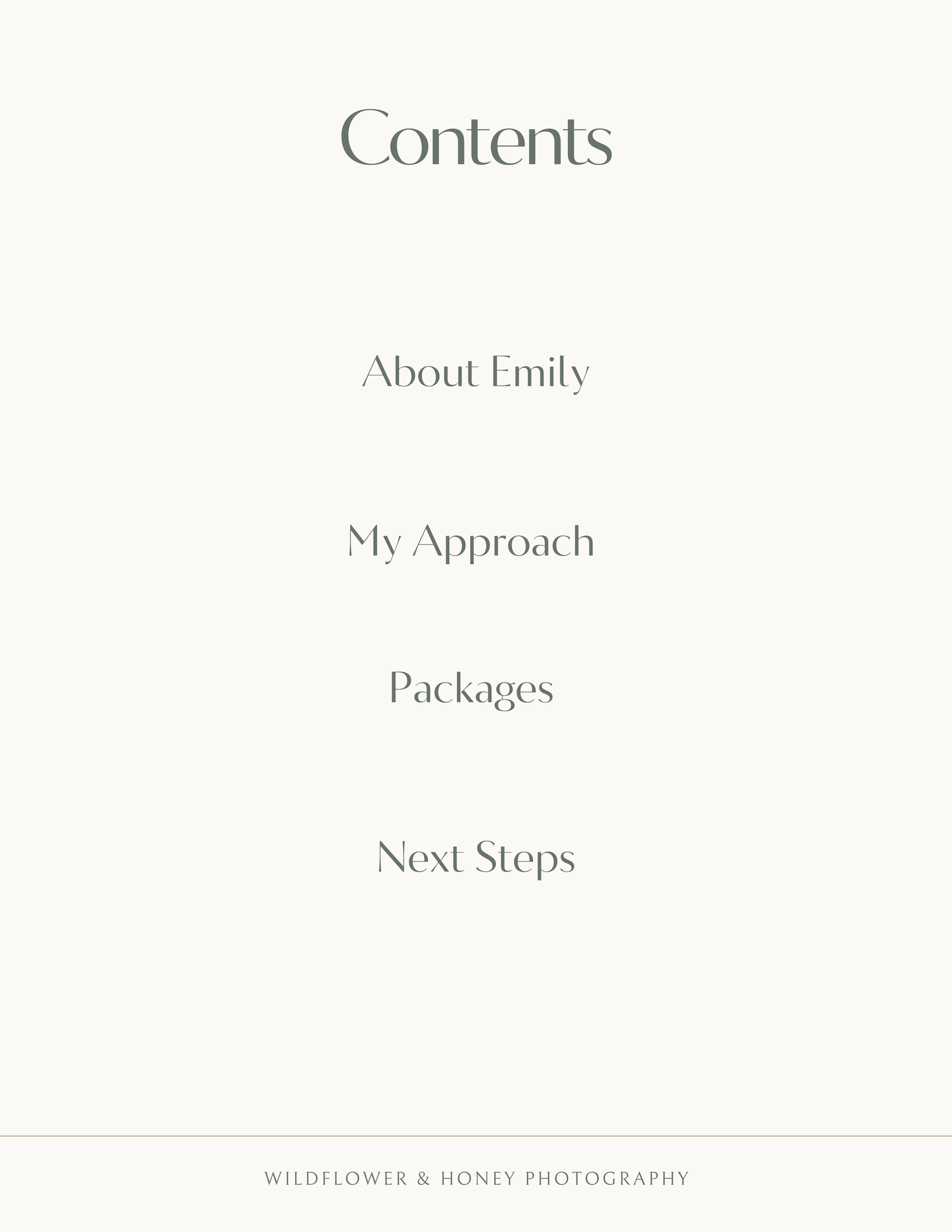 A clean minimal table of contents page for Wildflower and Honey Photography guide.