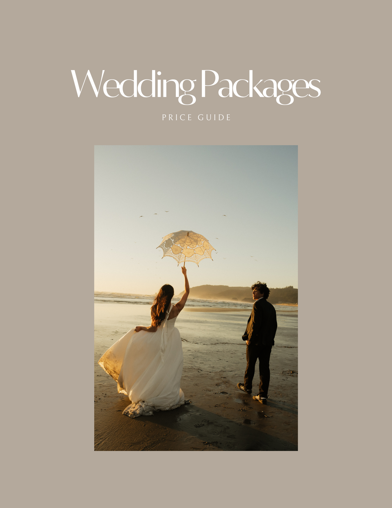 Bride twirling in a white gown on a beach at sunset, holding a lace umbrella with her groom.