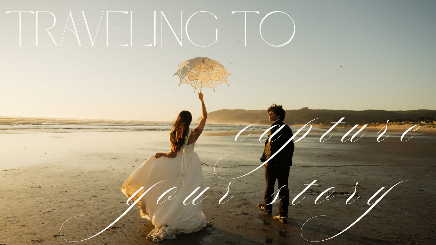 Bride and groom walking on a beach at sunset, bride holding a lace umbrella, with traveling photographer text overlay.
