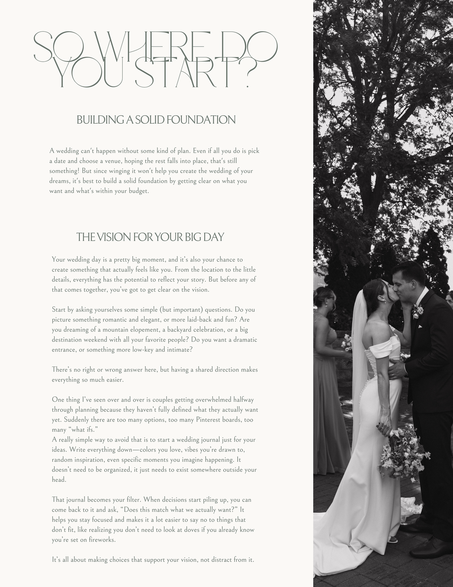 Wedding planning guide page titled So Where Do You Start with advice on building a solid foundation and vision.
