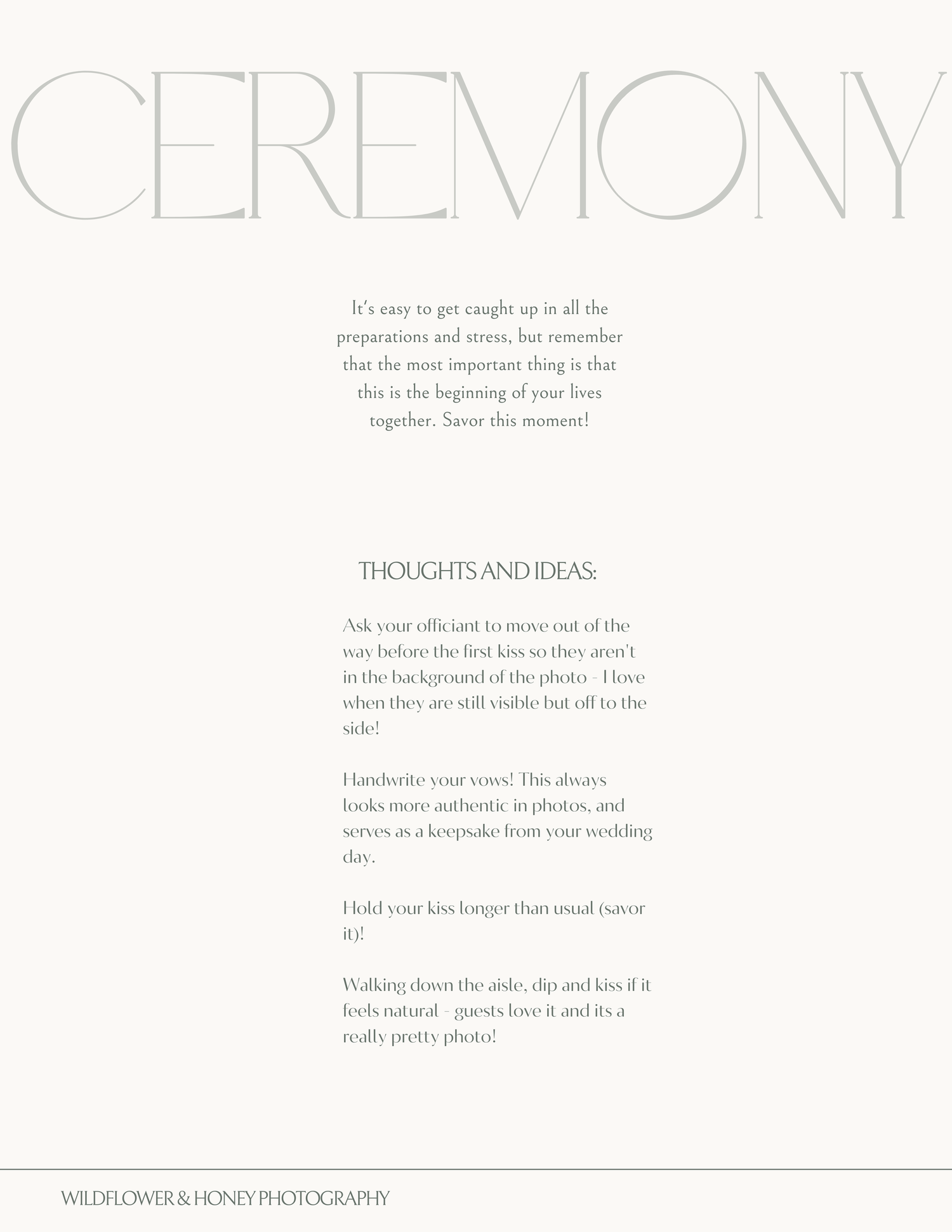 Minimalist wedding ceremony tips page with elegant typography on a soft cream background.
