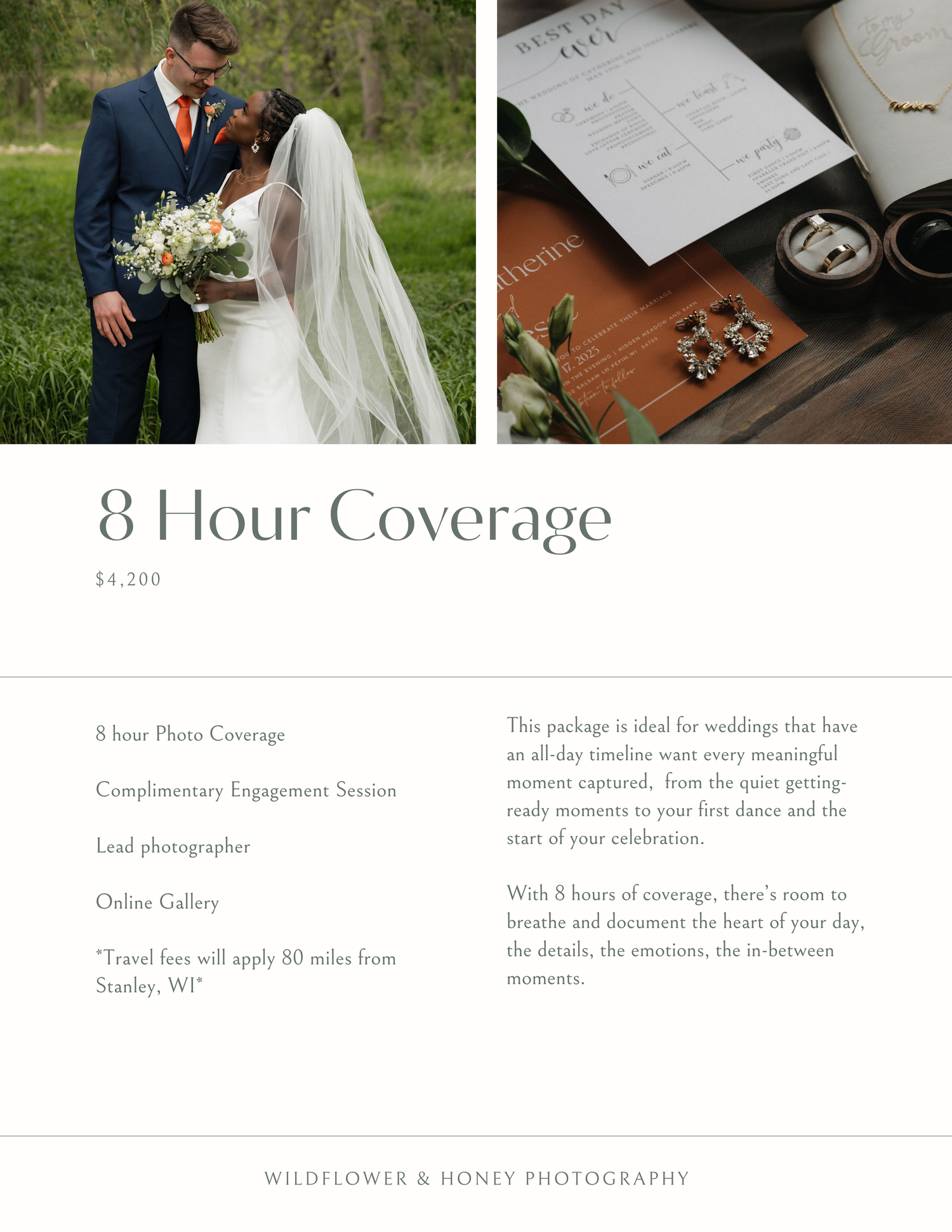 Groom in navy suit with bride holding bouquet and elegant wedding detail flat lay for 8-hour coverage.