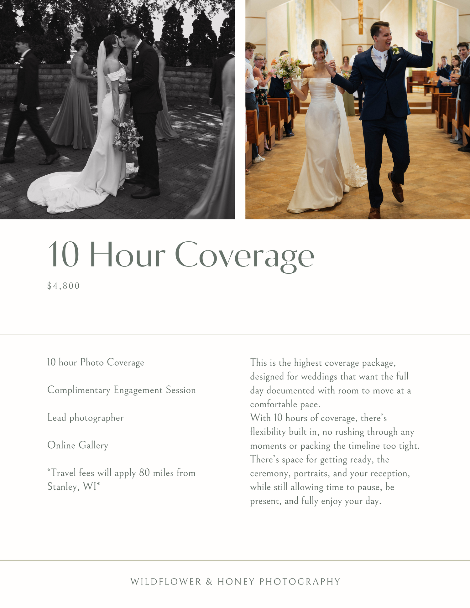 Bride and groom celebrating at reception and church wedding ceremony captured in 10-hour coverage package.