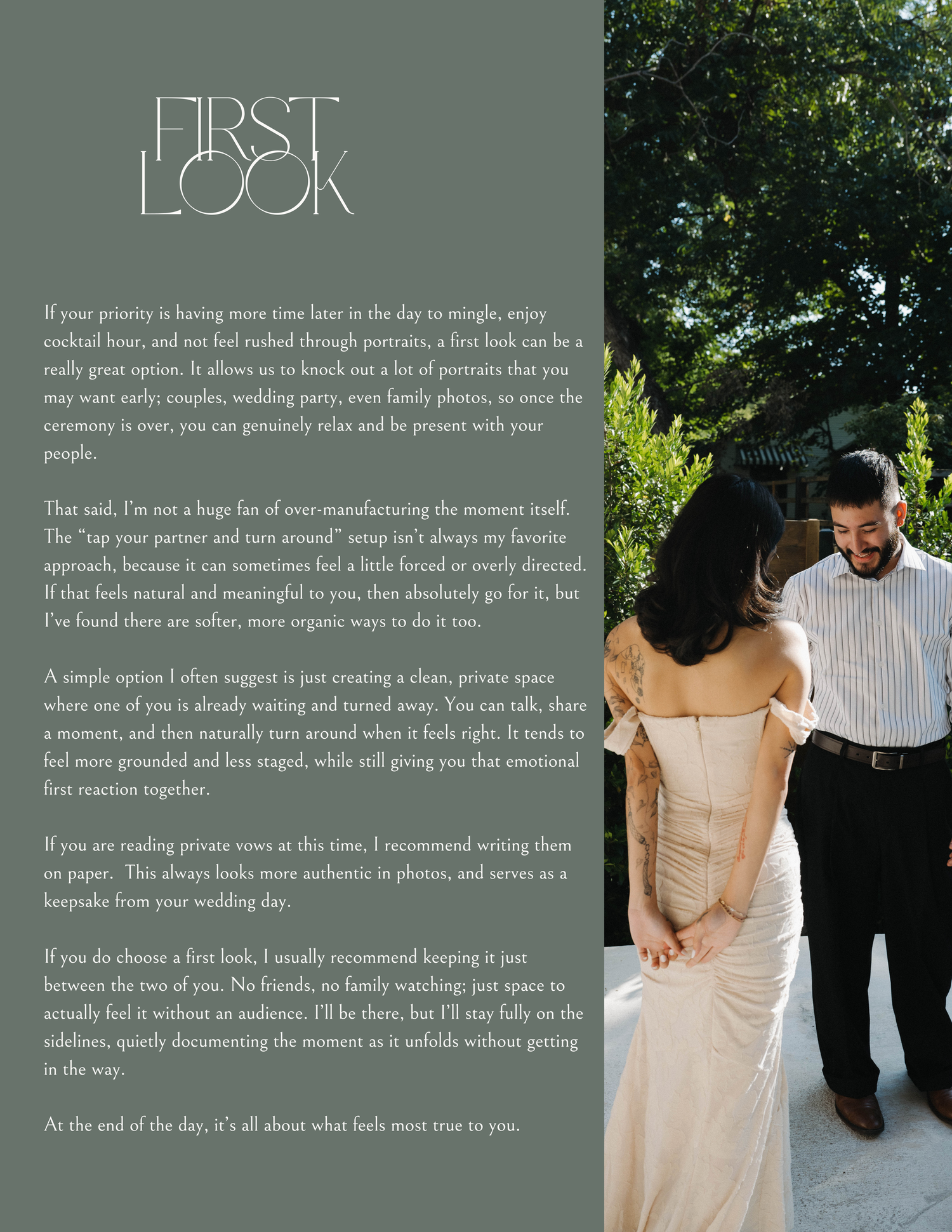 Bride and groom share an intimate first look moment outdoors, surrounded by lush green trees.