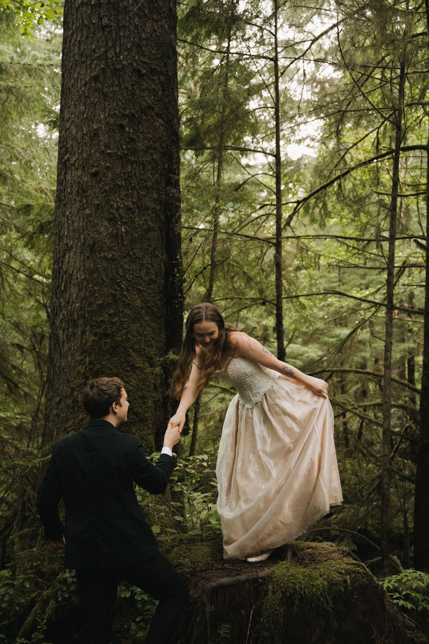 Groom helps bride step down from a mossy stump while holding hands in a tall evergreen forest.