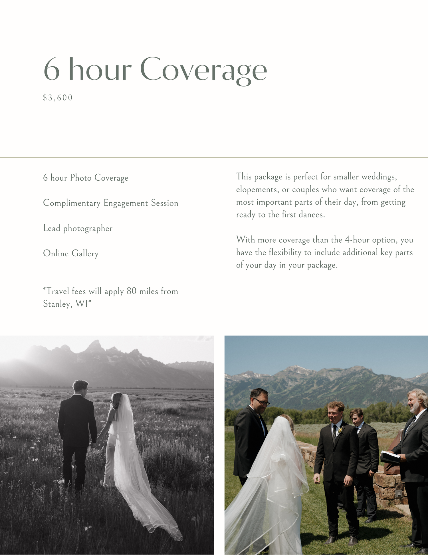 Couple walking through mountain meadow and outdoor wedding ceremony covered in 6-hour photography package.