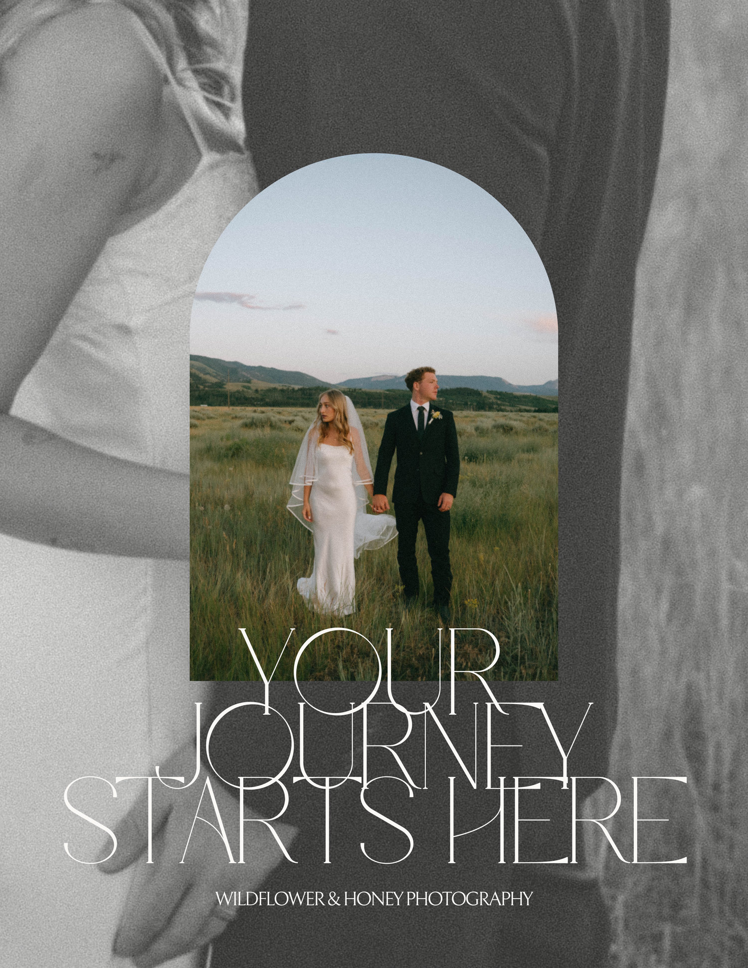 Wildflower and Honey Photography wedding guide cover with couple walking through arched stone doorway in field.