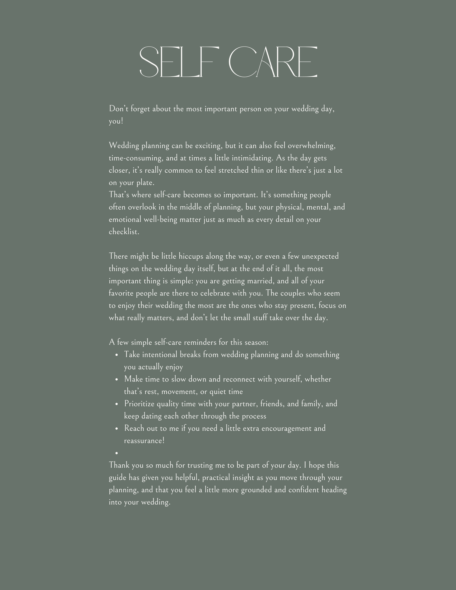 Self care wedding guide page with white text on a muted sage green background.