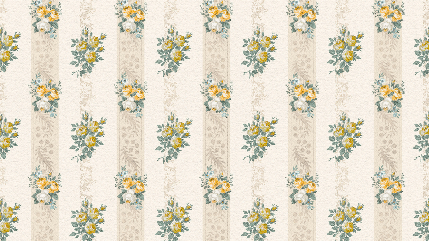 Vintage floral wallpaper pattern with yellow and white roses in vertical stripes on cream background.