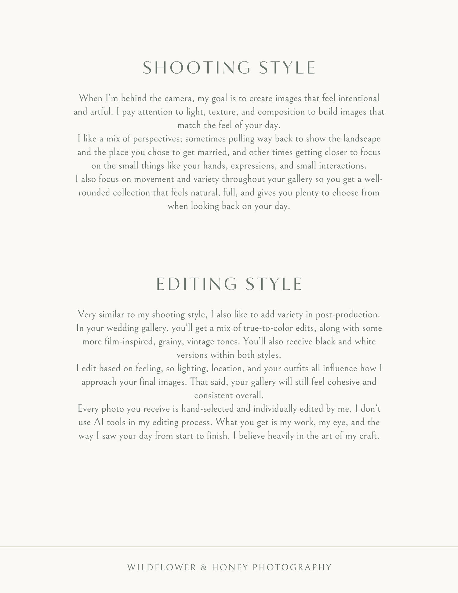 A text page describing shooting style and editing style for Wildflower and Honey Photography.