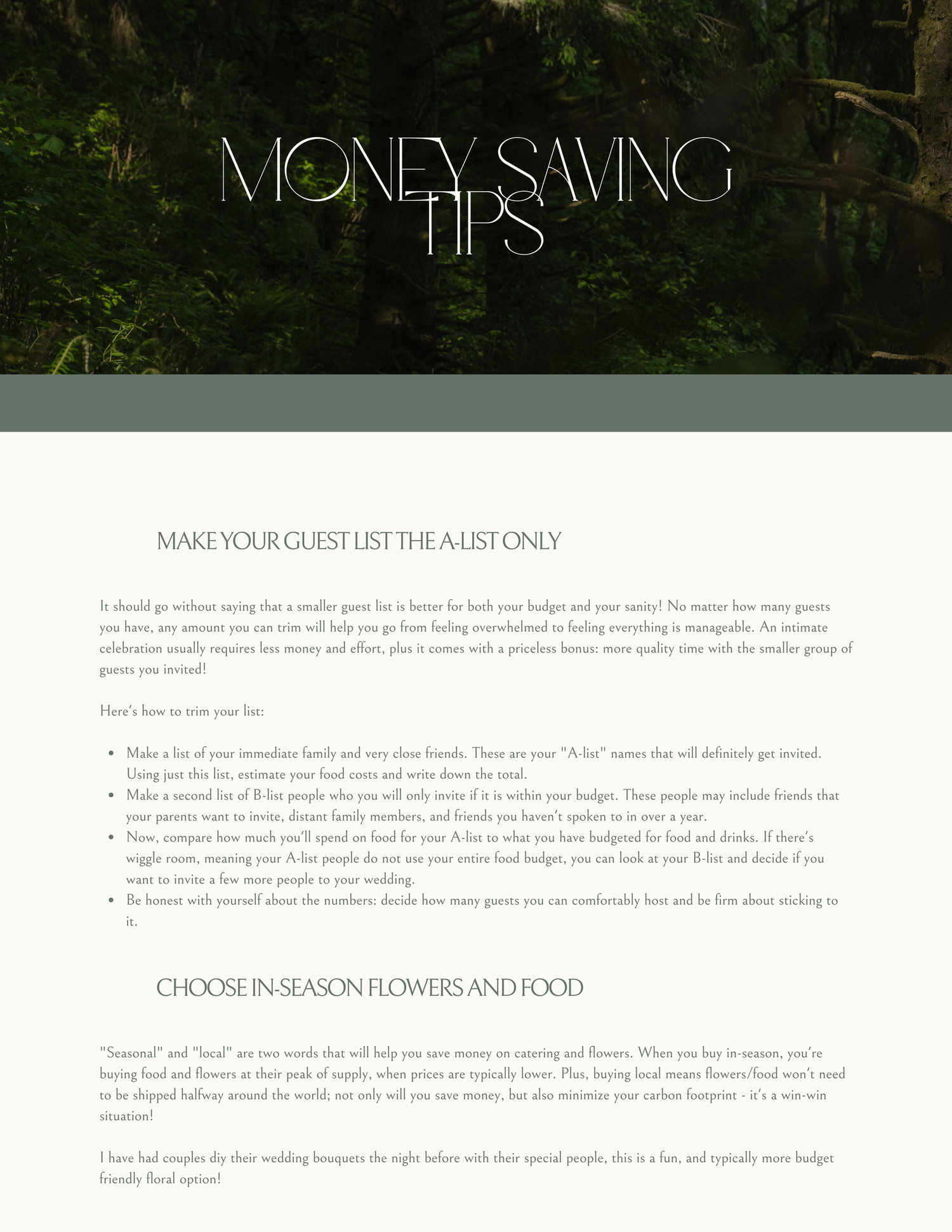 Wedding money-saving tips guide with dark floral background featuring budget advice for guest lists and seasonal flowers.