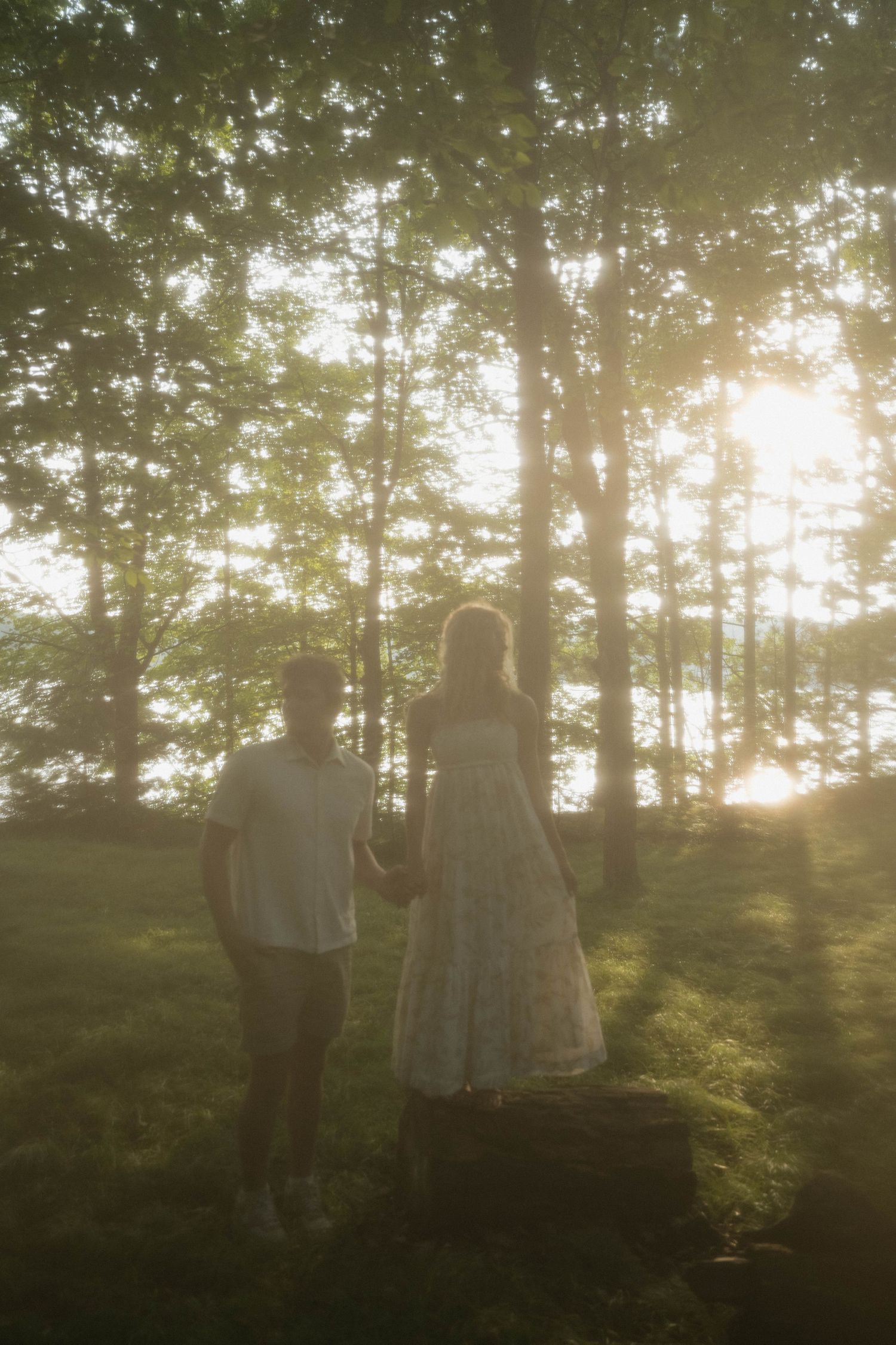 Couple holding hands in misty sunlit forest, woman in floral dress and man in white shirt.