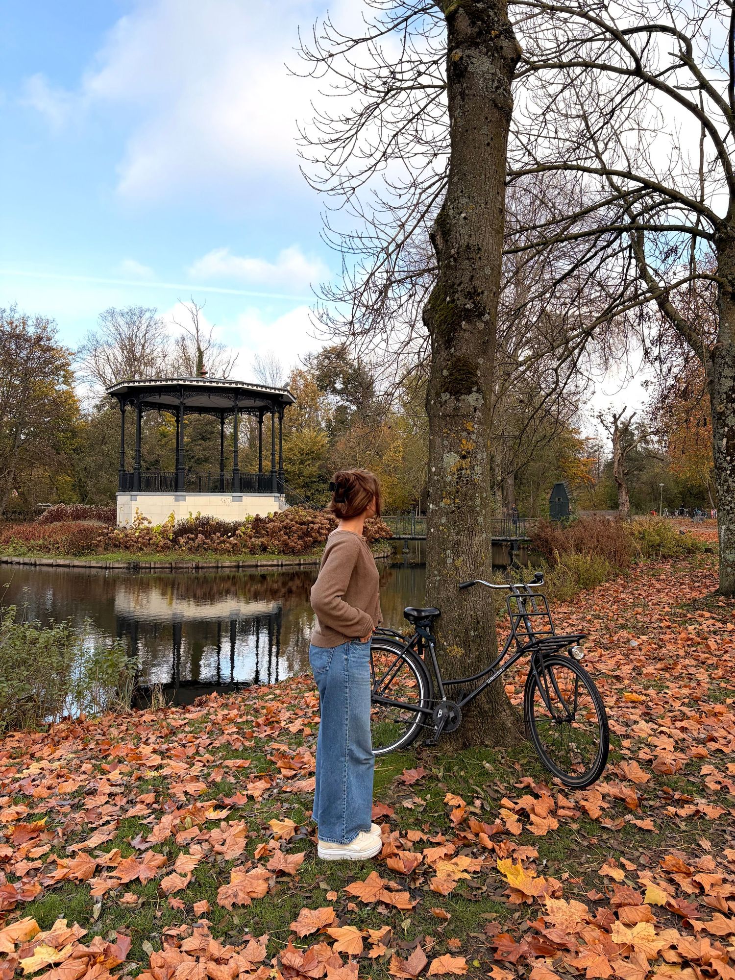 Woman standing with a bicycle among autumn leaves in a park beside a pond with a gazebo.