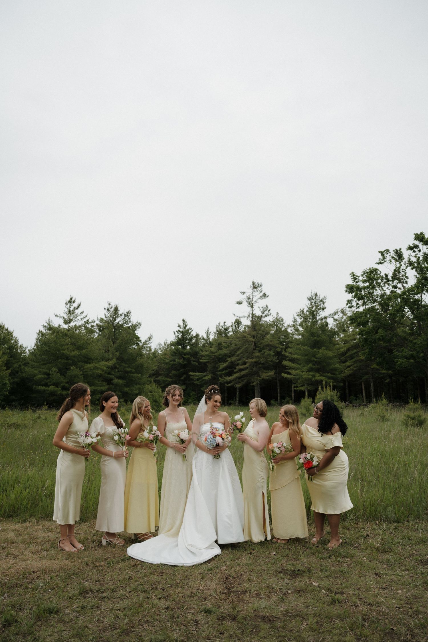 Bride with six bridesmaids in yellow dresses pose in green field.