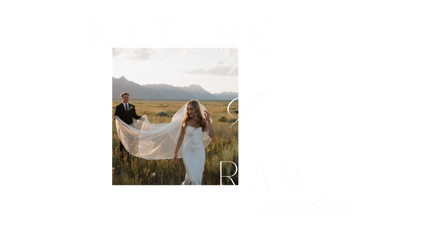 Bride in white gown with flowing veil stands in golden field with groom and mountain backdrop.