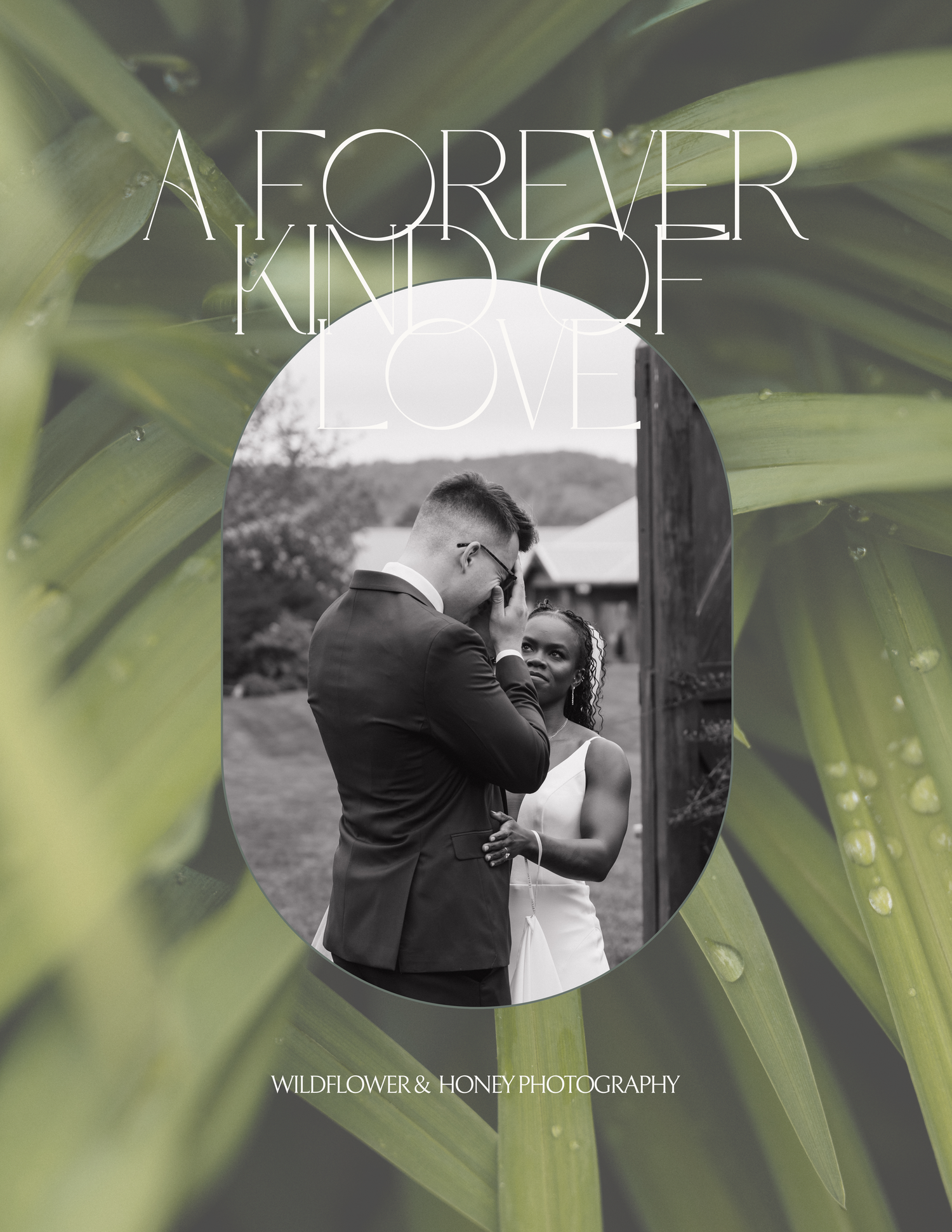 Wildflower and Honey Photography romantic wedding guide cover featuring couple embracing framed by tropical green leaves.