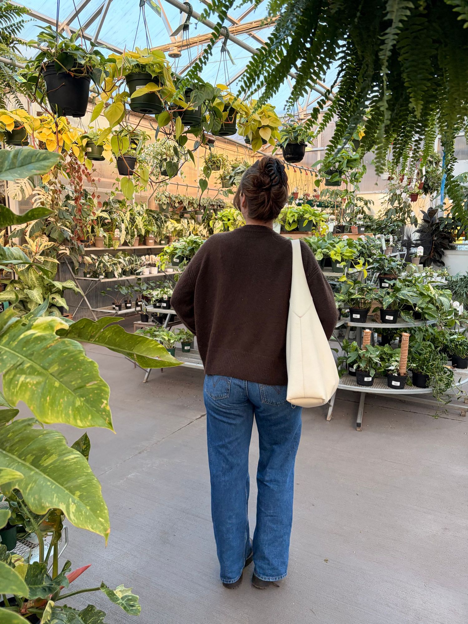 Woman in brown sweater and jeans browsing lush green plants inside a bright greenhouse nursery.
