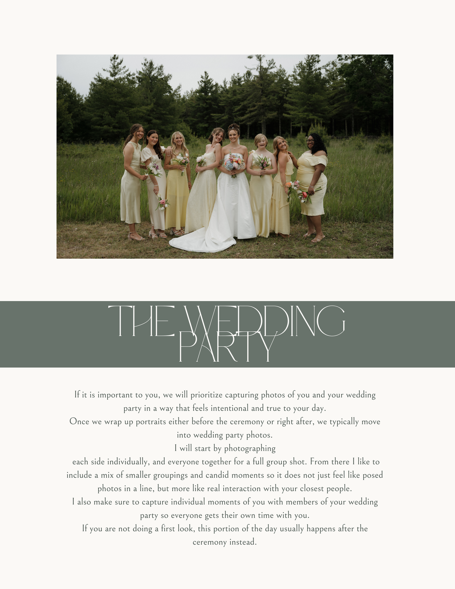 Bride poses with bridesmaids in sage green dresses outdoors in a lush green setting.