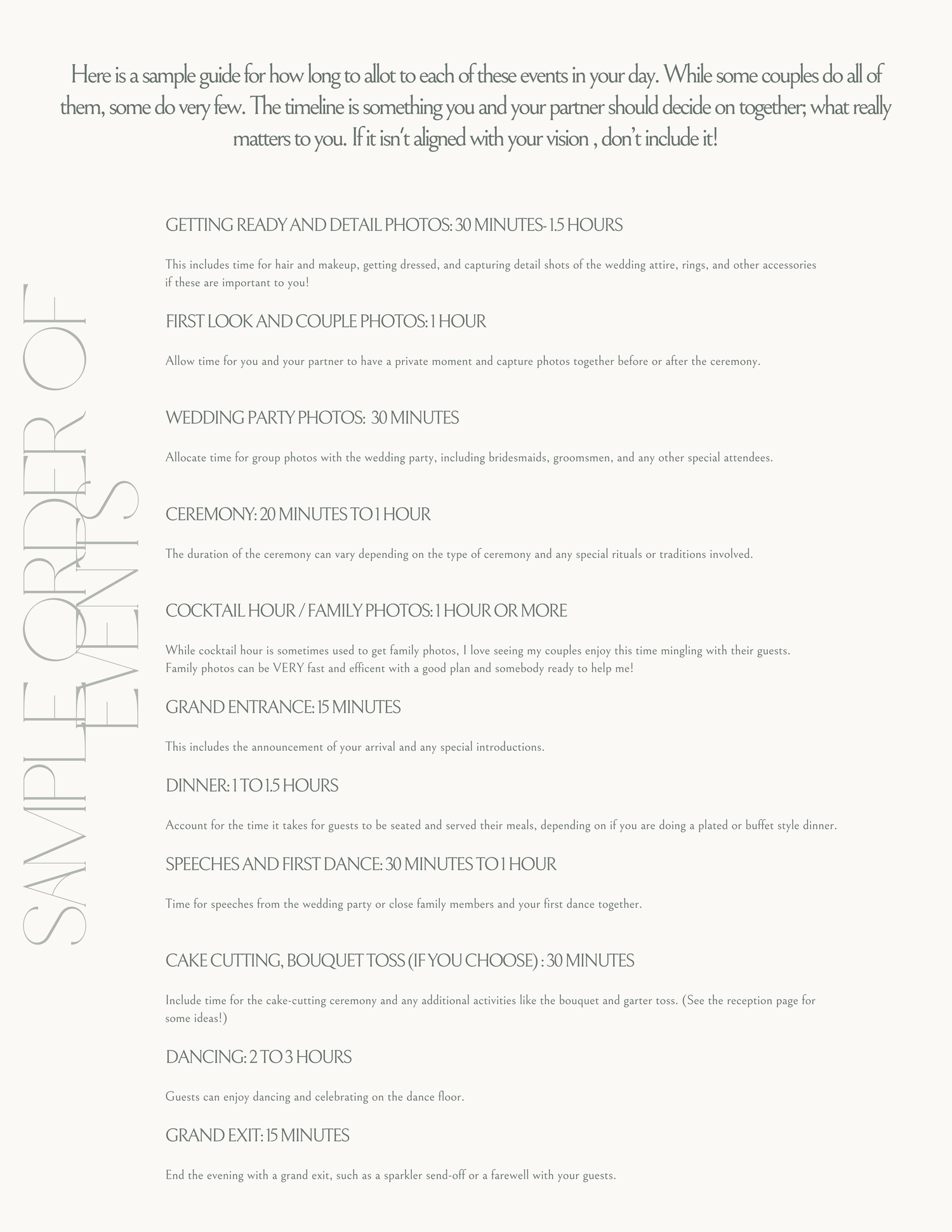 Sample wedding day order of events timeline guide listing photography sessions from getting ready to grand exit.