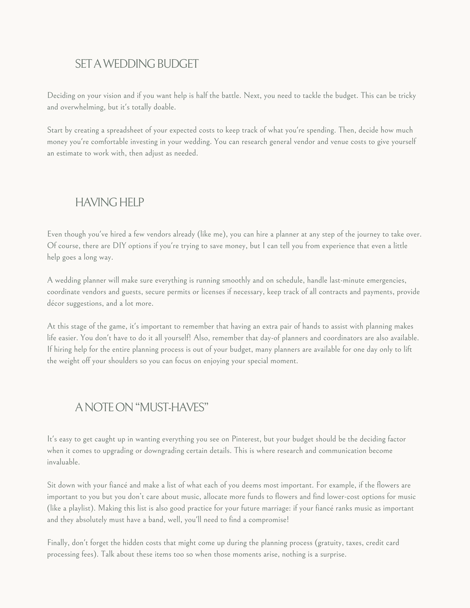 Wedding planning guide page covering budget tips, hiring help, must-haves list, and hidden planning cost advice.