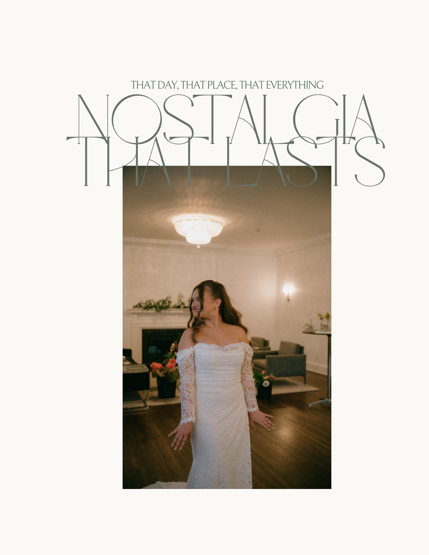 Bride in lace off-shoulder gown standing in elegant room with chandelier in nostalgic wedding portrait.