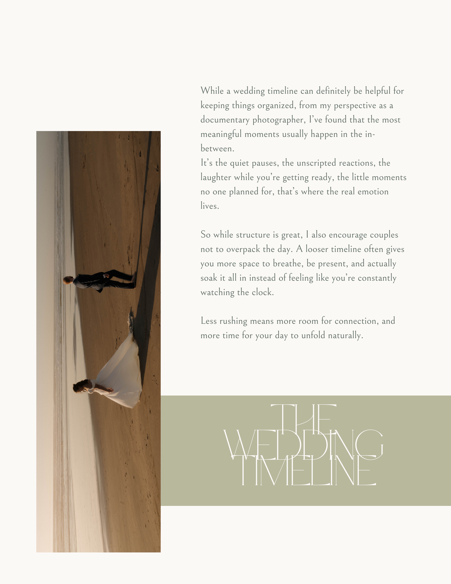 Wedding timeline guide with moody photo of couple, encouraging a relaxed approach to capturing candid moments.