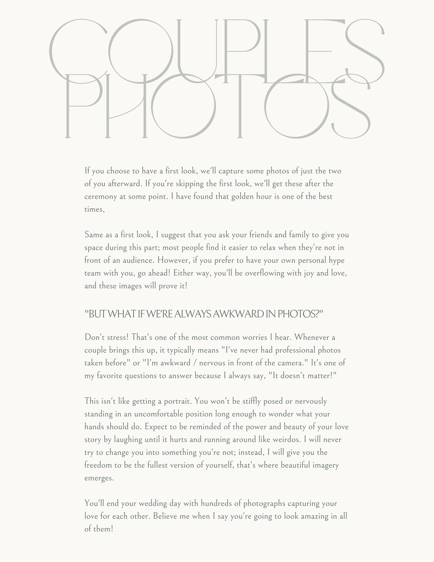 Elegant wedding photography guide page titled Couples Photos on a soft neutral background.