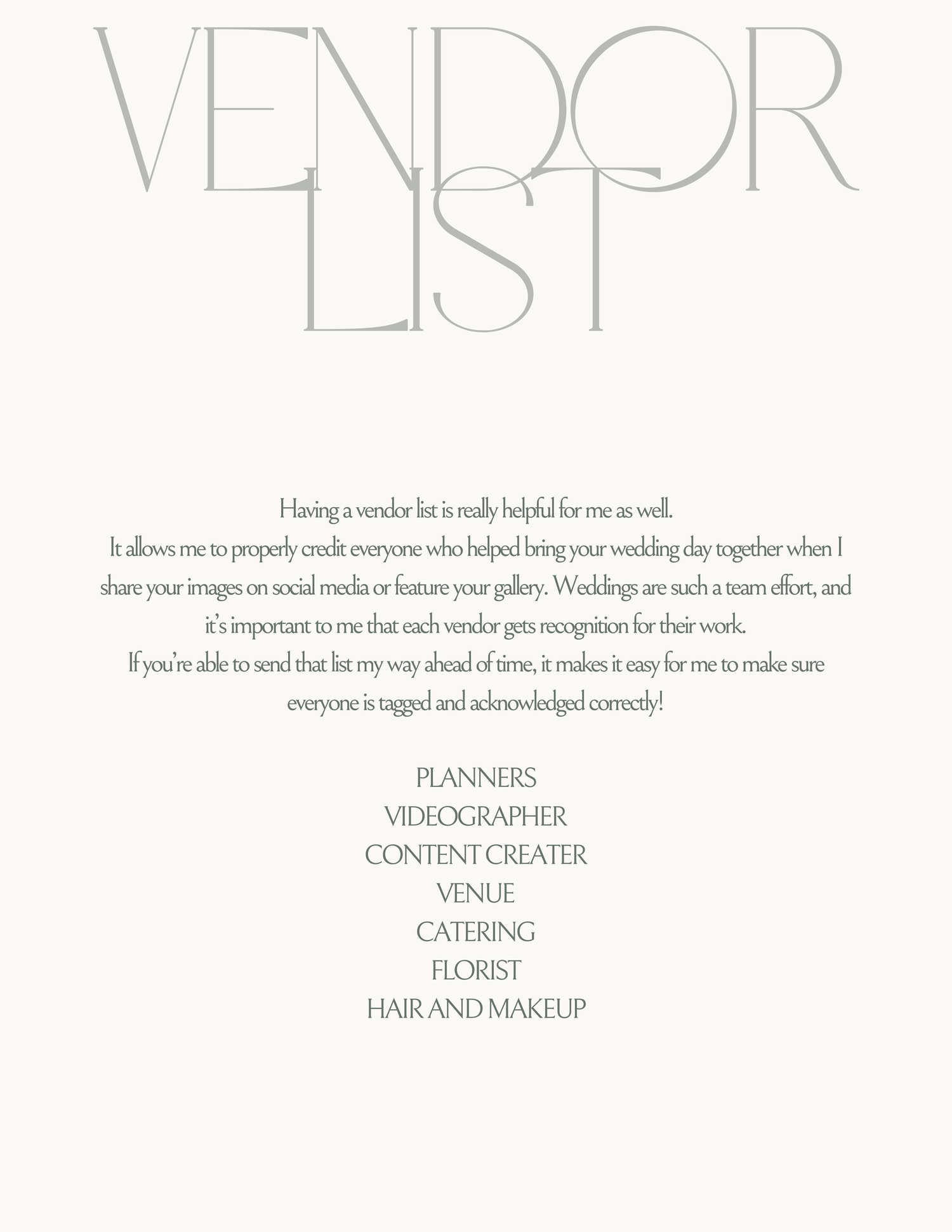 Minimalist vendor list wedding guide page with elegant typography on a cream background.