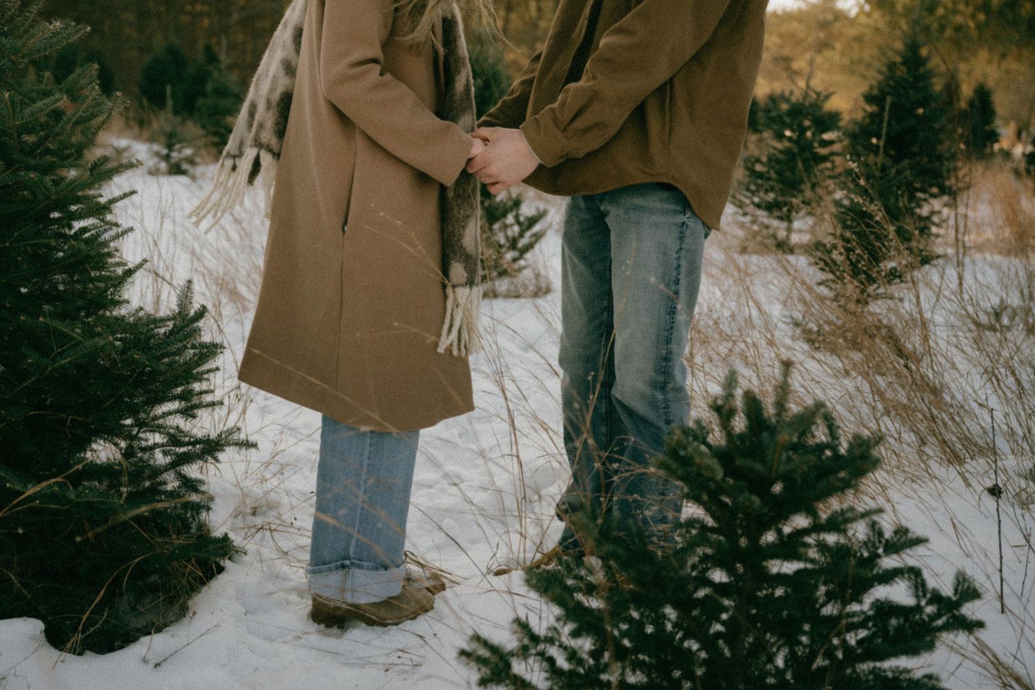 Couple holding hands among snow-covered Christmas trees in a winter forest.