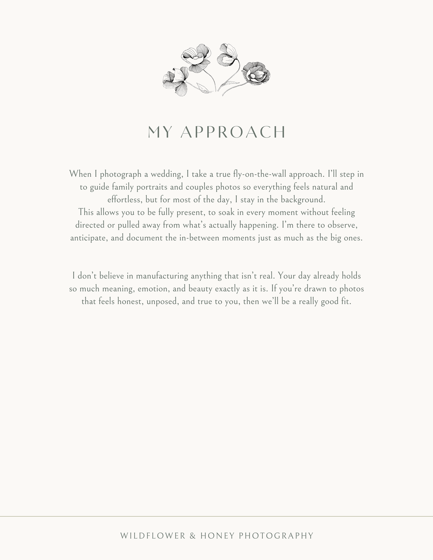 My Approach page describing the fly-on-the-wall wedding photography philosophy of Emily.